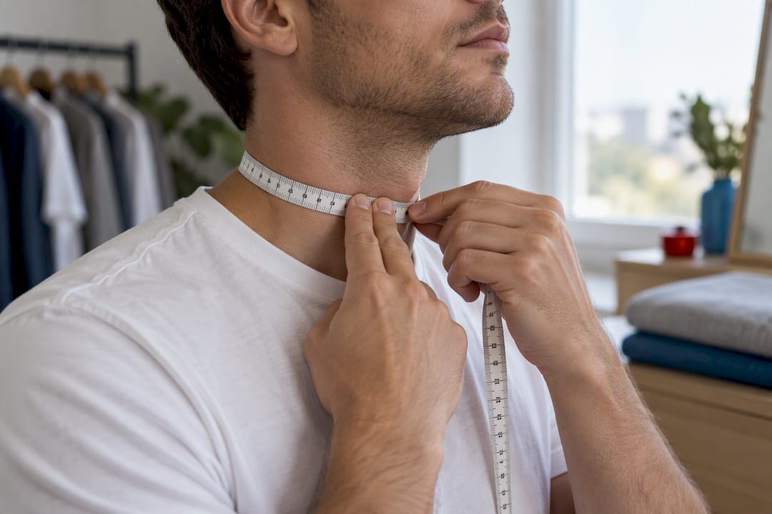 Hands measuring neck circumference for shirt sizing