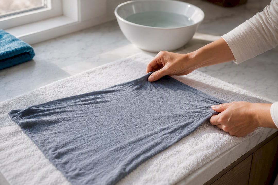Hands stretching damp cotton fabric flat