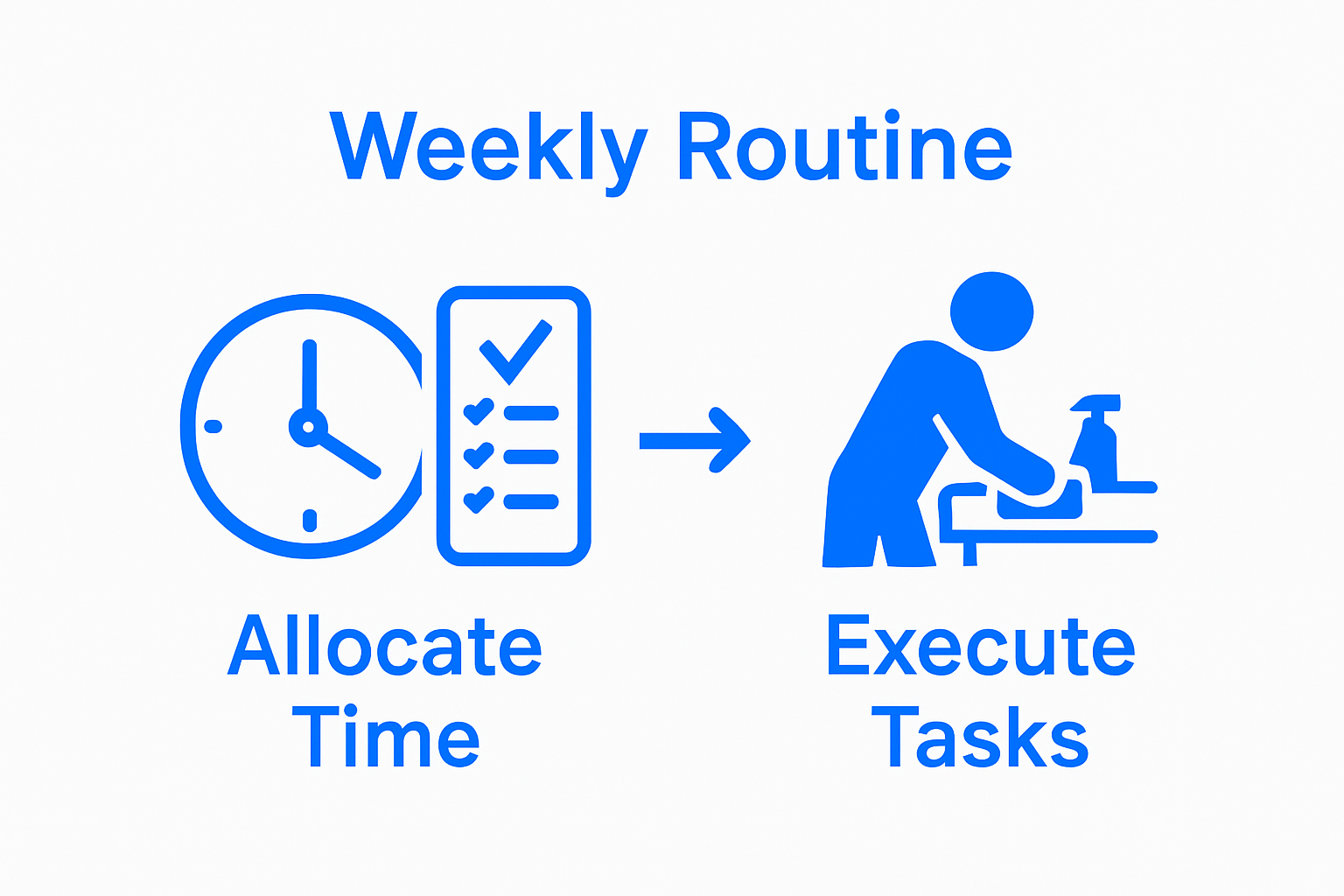 Infographic shows time allocation and task execution steps in weekly cleaning routine