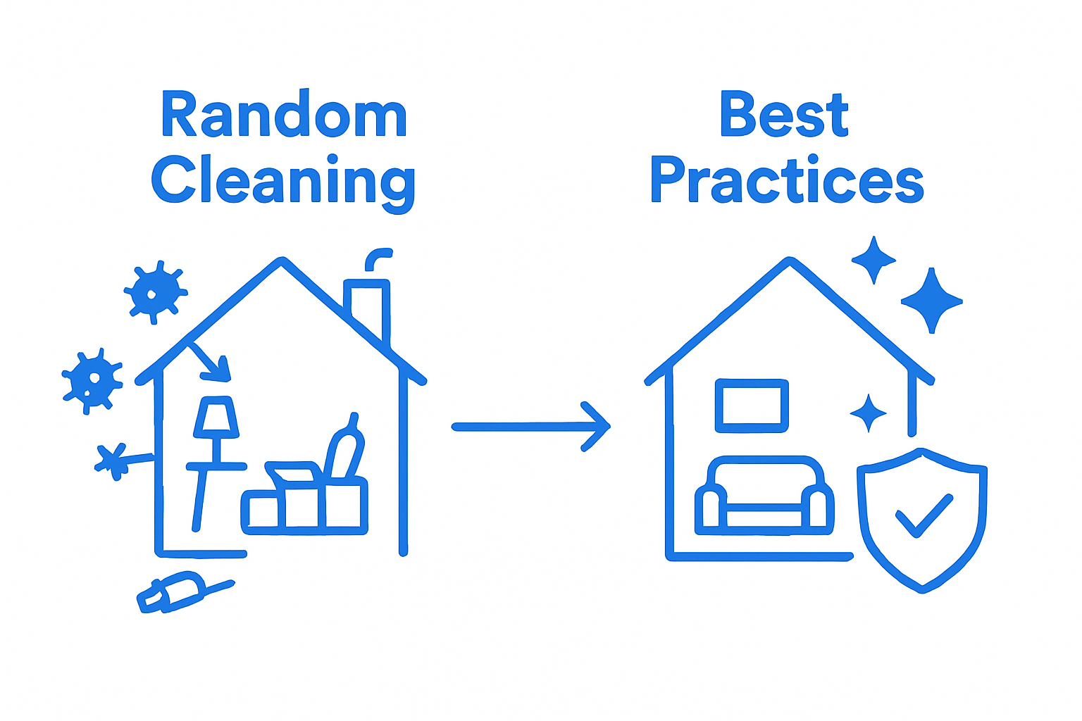 Infographic comparing random cleaning and best practices with icons showing hygiene outcomes