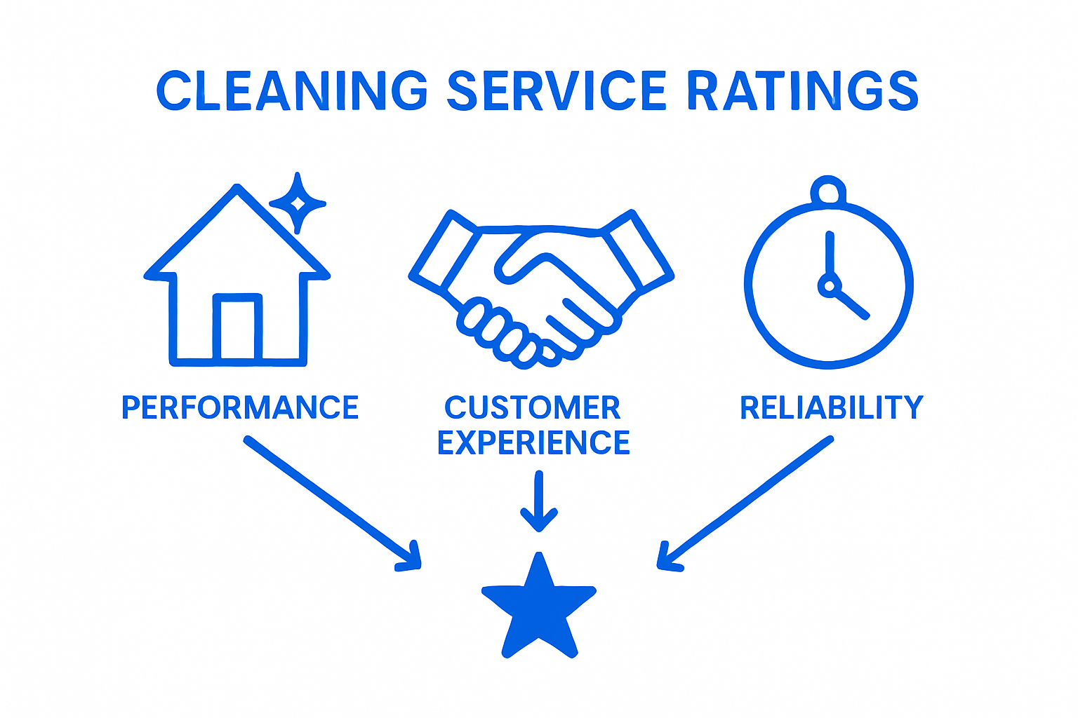 Cleaning service rating factors icons with performance, customer experience, reliability