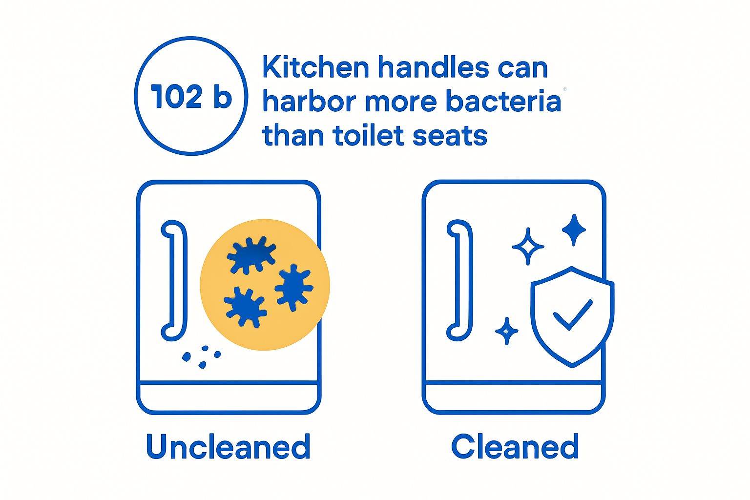 Infographic compares bacteria levels on cleaned vs. uncleaned kitchen handles