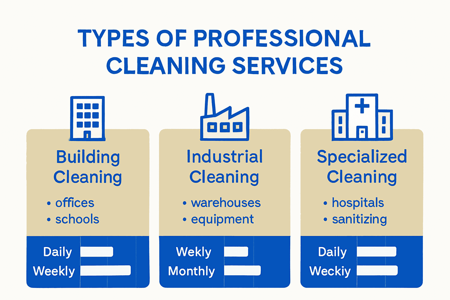 Infographic comparing building, industrial, and specialized cleaning services.