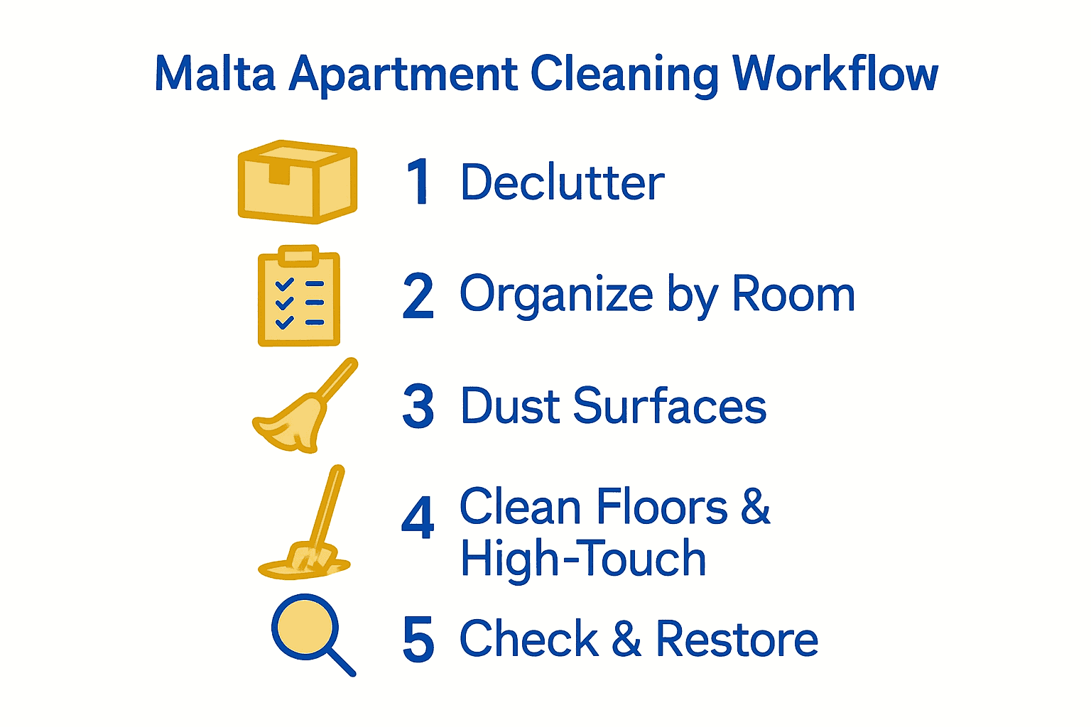 Infographic illustrating five-step cleaning workflow for Malta apartments