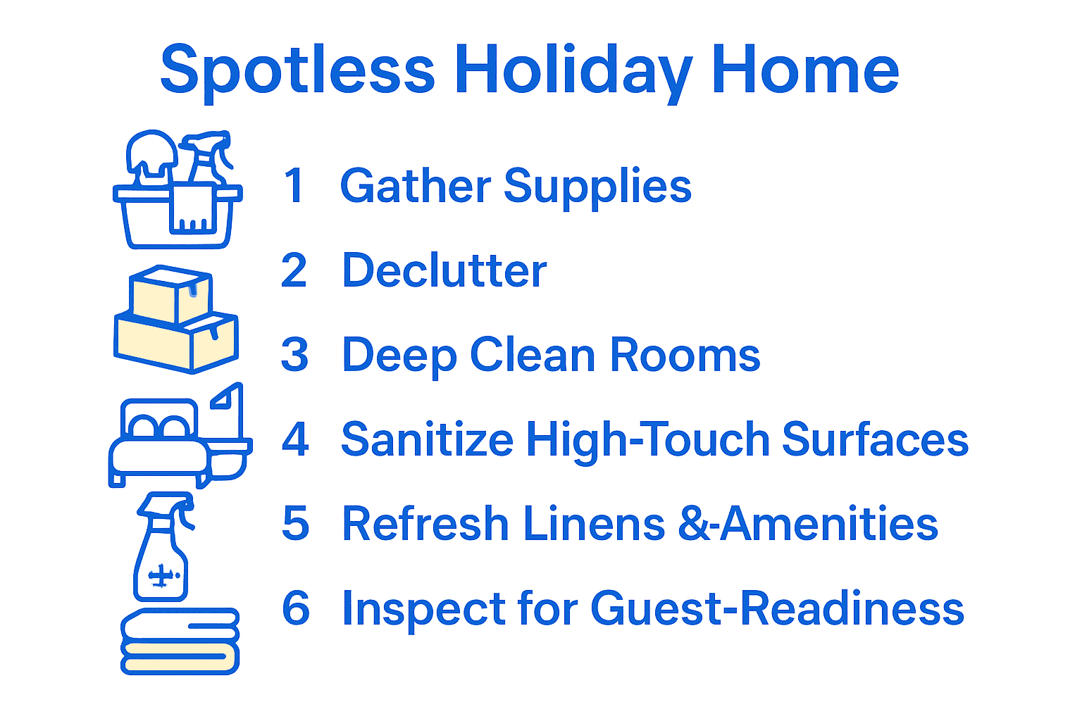 Infographic outlining six key holiday home cleaning steps in a visual flow.
