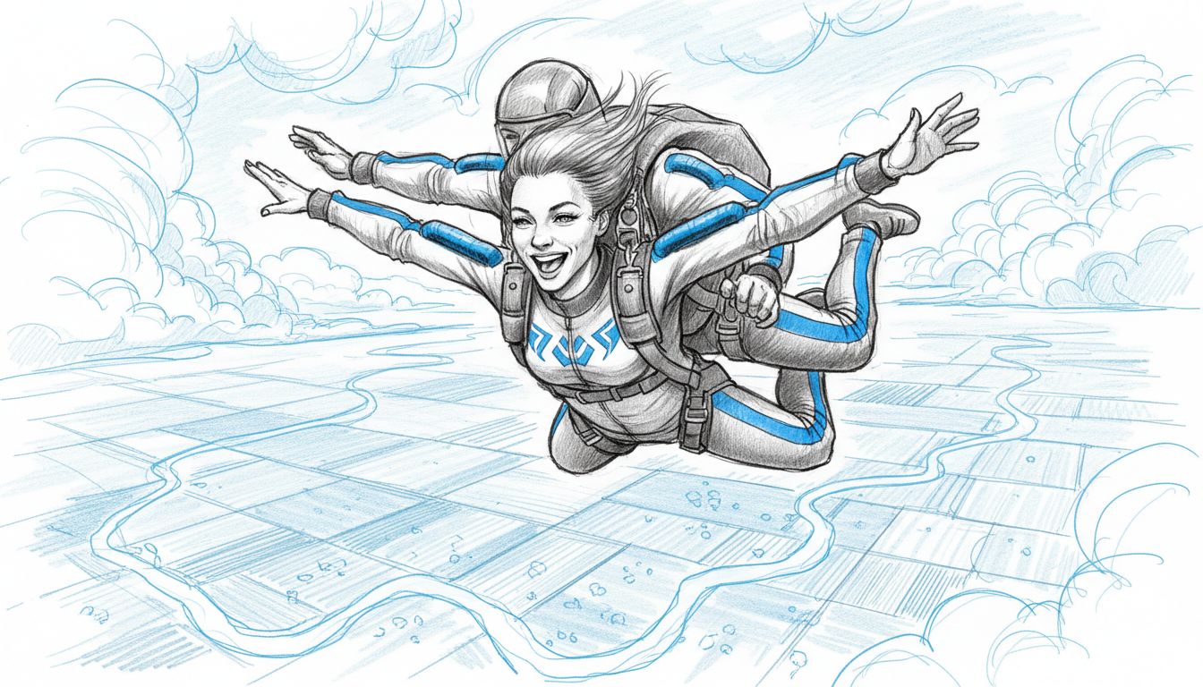 Woman skydiving over Latvian landscape