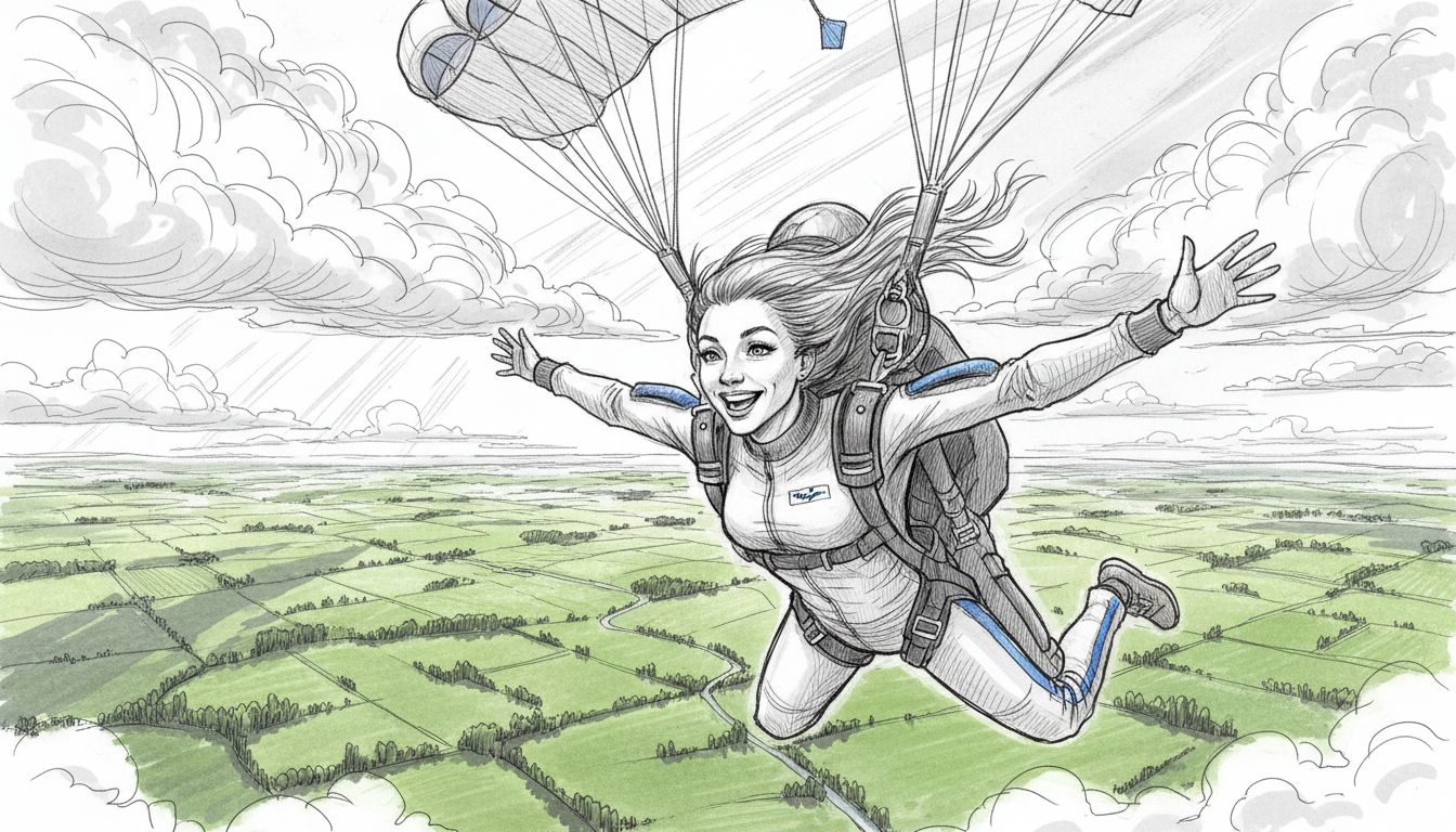 Sieviete lēcienā ar izpletni sajūsmas brīdī