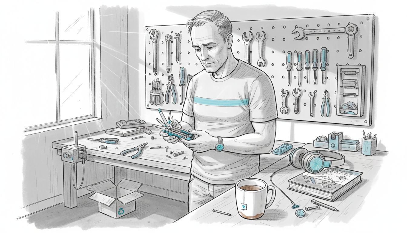 Man chooses gifts on garage workbench