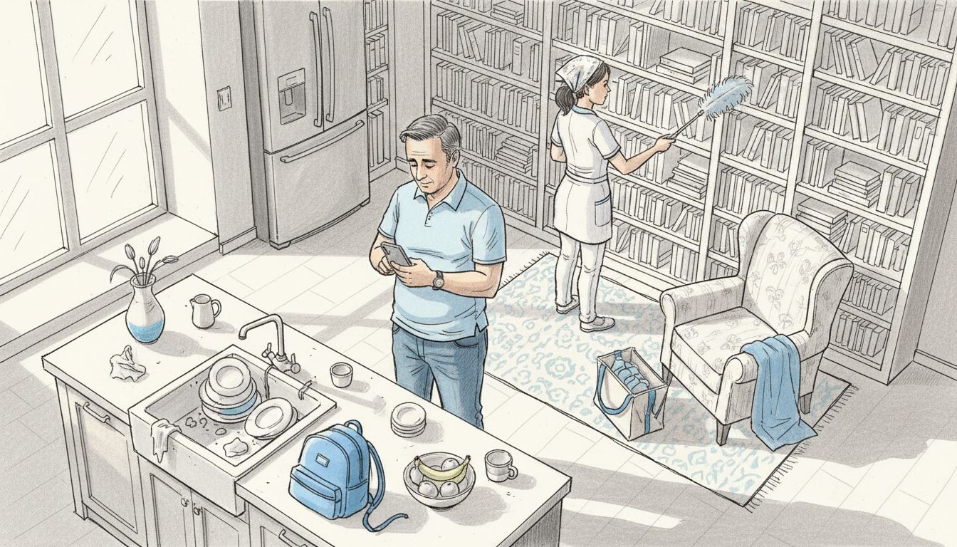 Homeowner booking cleaner in busy kitchen scene