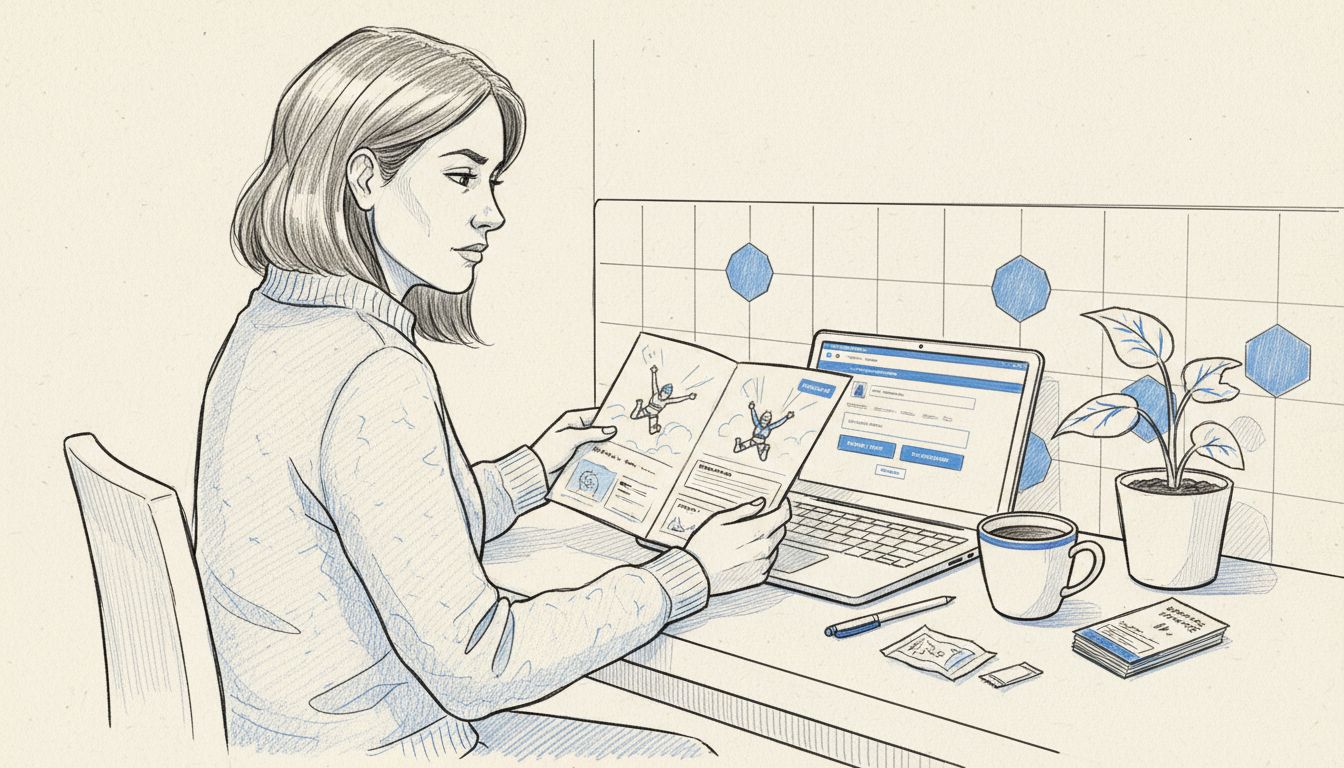 Woman comparing skydiving gift brochures at kitchen table