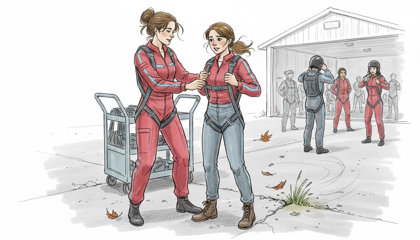 Instructor prepares woman for tandem jump