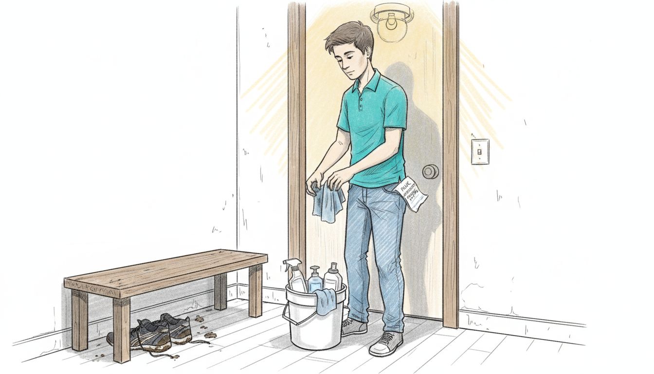 Man organizing cleaning supplies in hallway