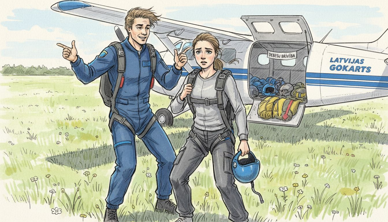 Instruktors lidlaukā gatavojas tandēma lēcienam ar izpletni