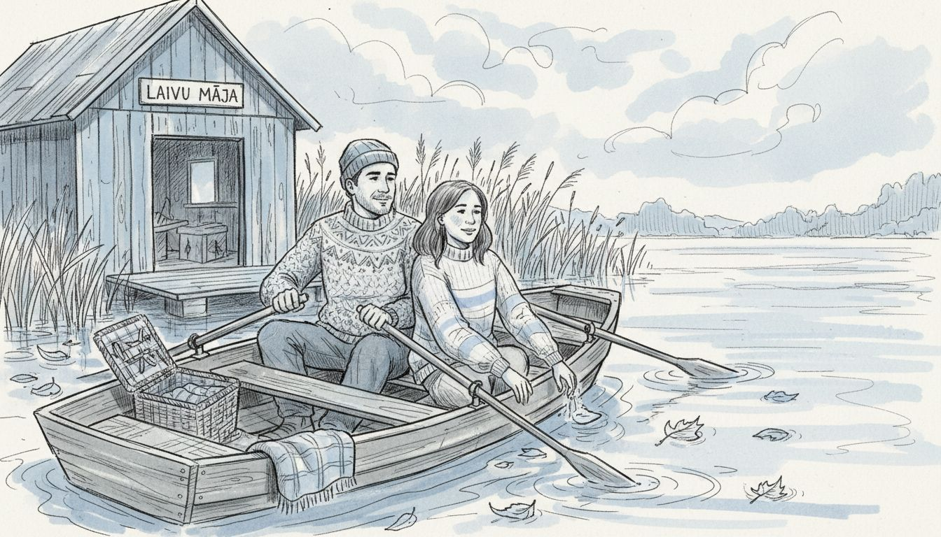 Осенним днем ​​пара катается на лодке по латвийскому озеру, наслаждаясь красочным пейзажем и тишиной.