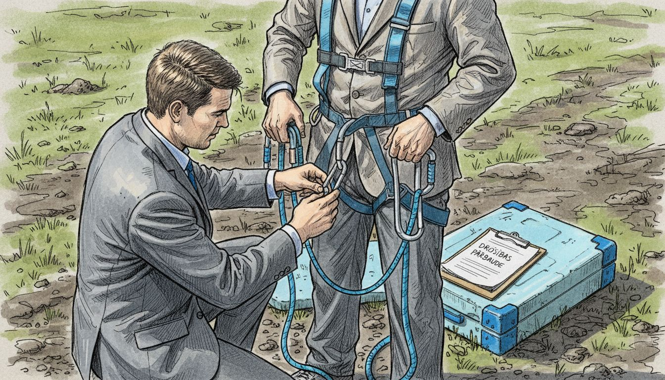 Instruktors rūpīgi pārbauda aprīkojumu pirms lēciena ar virvi.