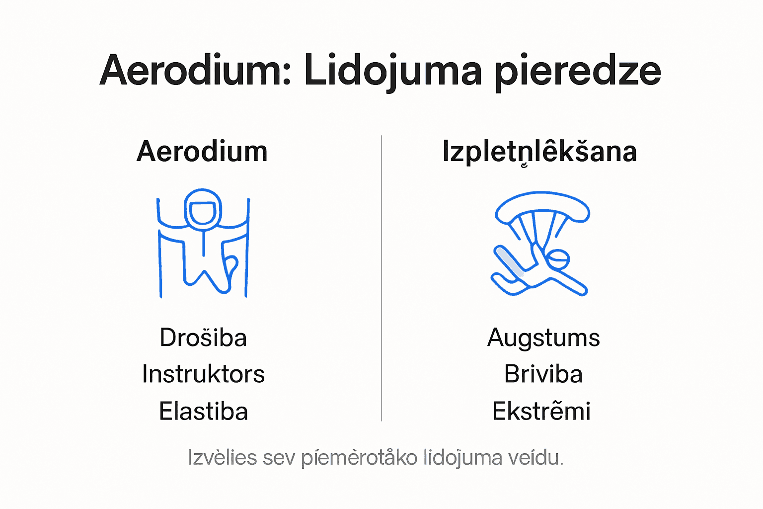 Infografika: Aerodium vēja tunelis pret izpletņlēkšanu – kādas ir galvenās atšķirības?