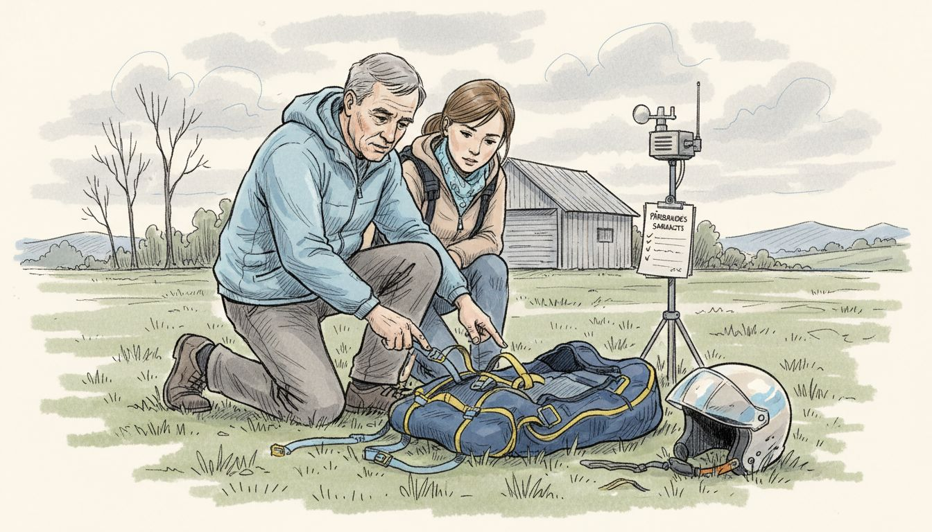 Instruktors rūpīgi pārbauda paraplāna drošības aprīkojumu pirms lidojuma.