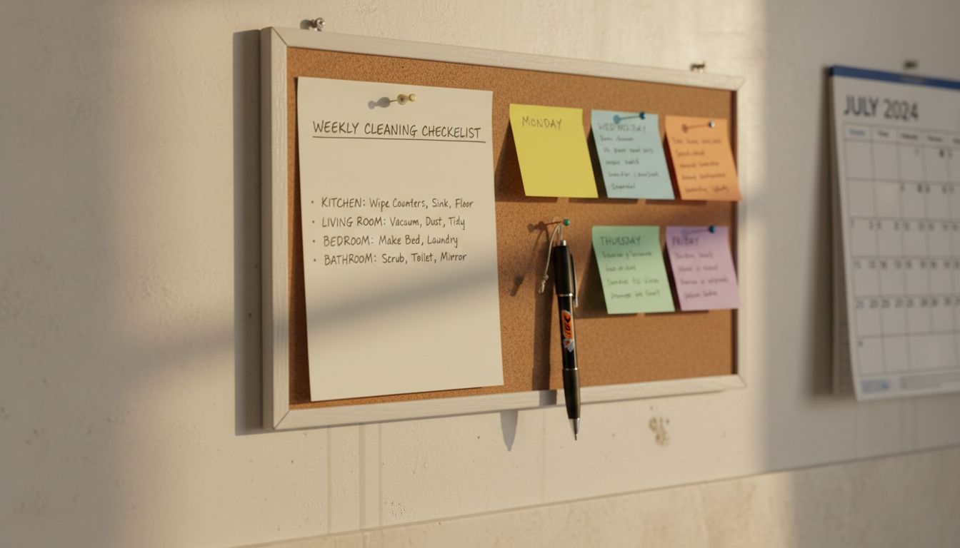 Weekly kitchen cleaning checklist with daily notes