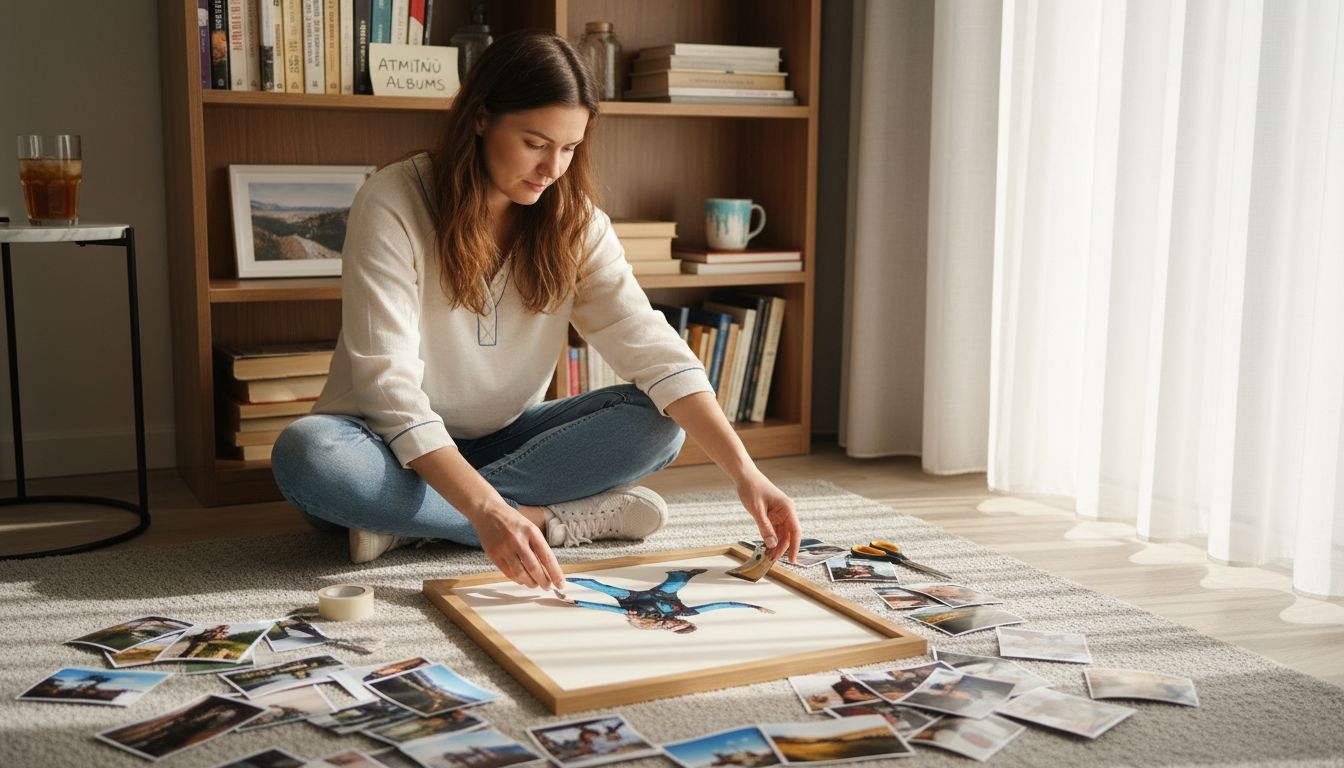 Sieviete gatavo īpašu dāvanas kolāžu no personīgām fotogrāfijām