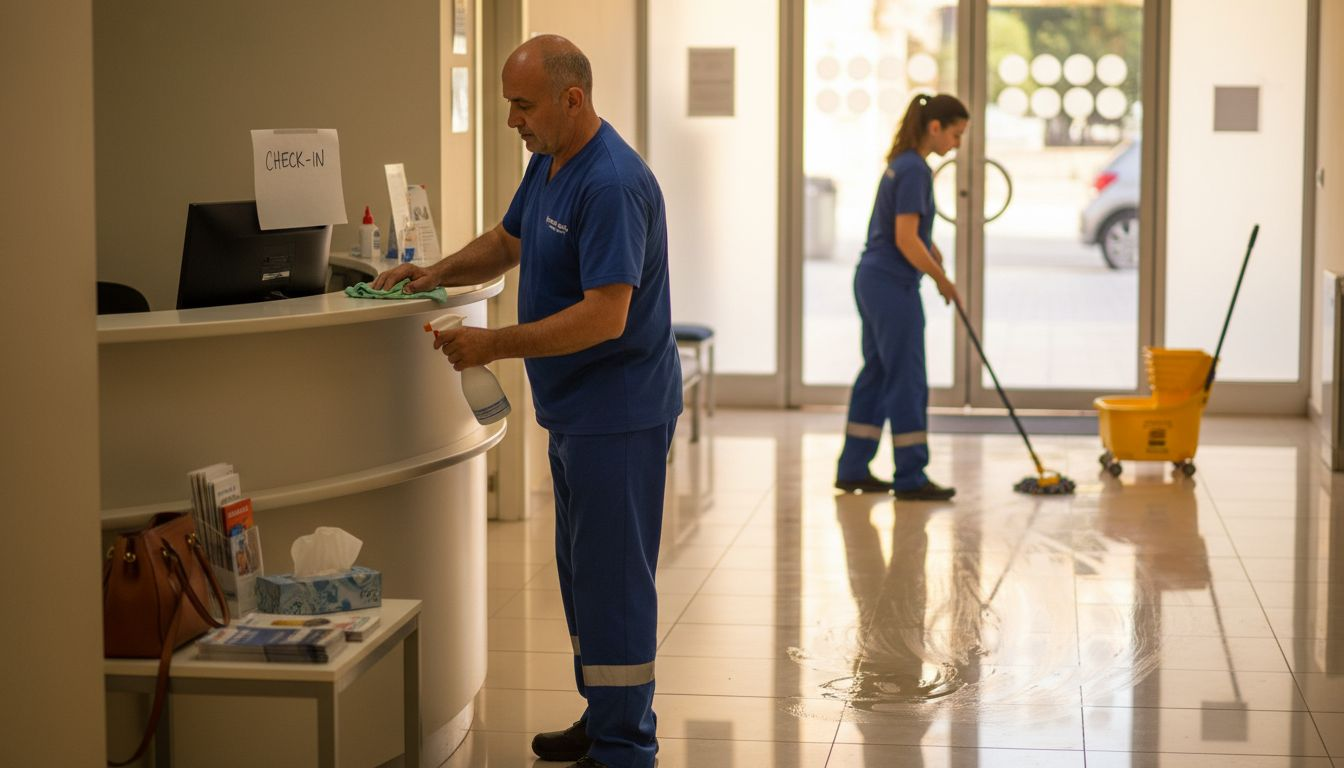 Cleaner sanitizing Malta clinic reception desk