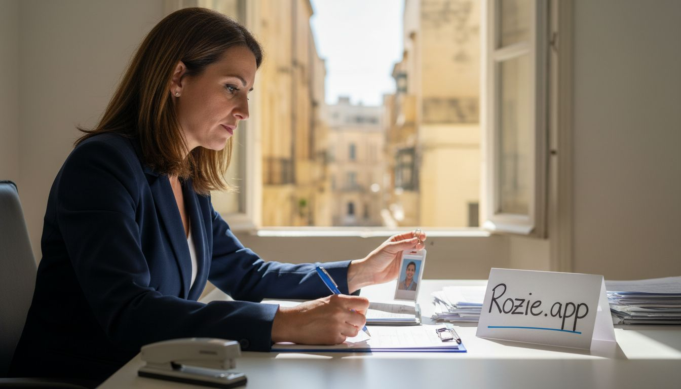 Cleaning manager verifying credentials in Malta office