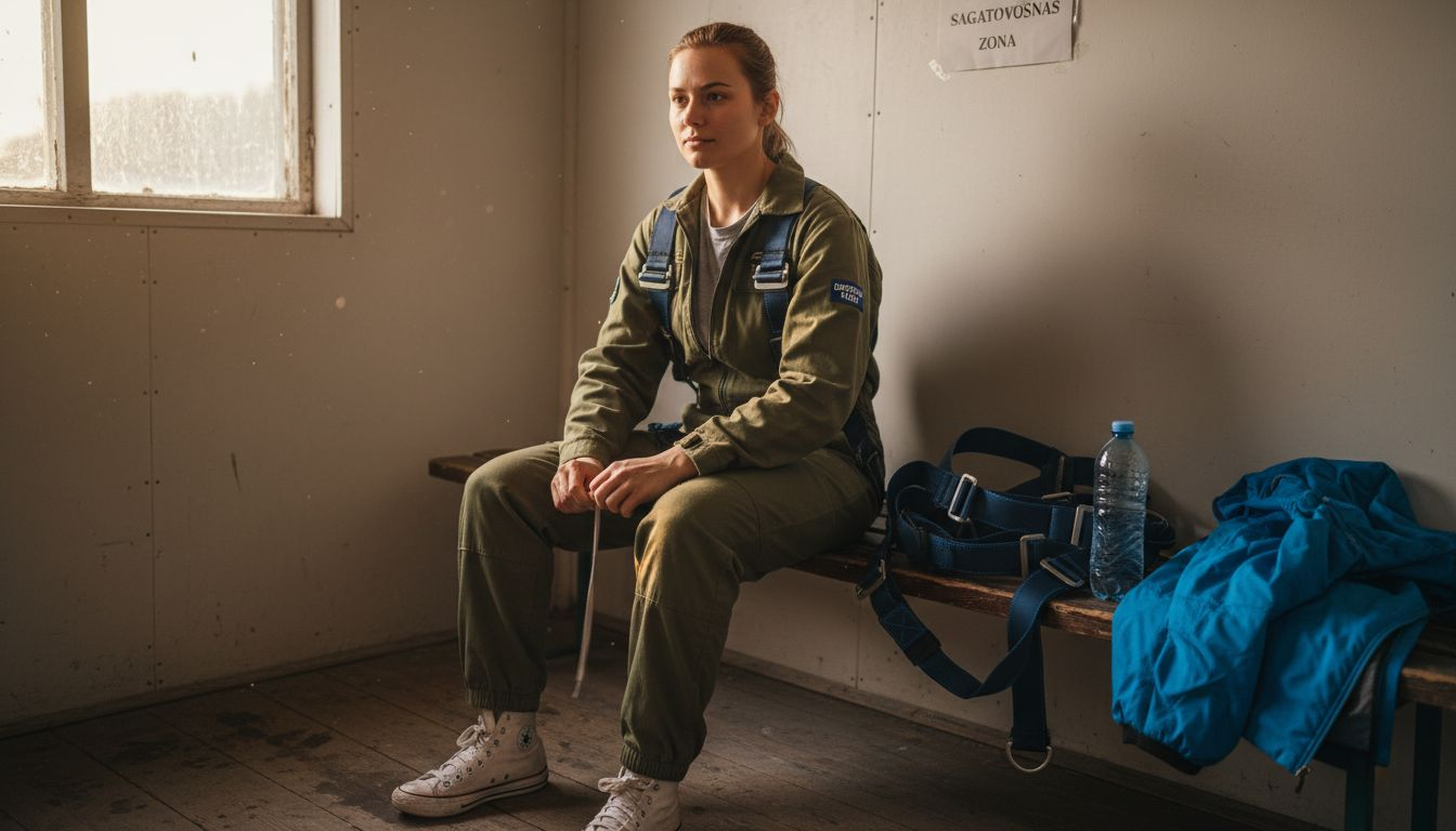 Sieviete ģērbtuvē gatavojas izpletņlēkšanai, rūpīgi pārbaudot un uzvelkot speciālo tērpu.