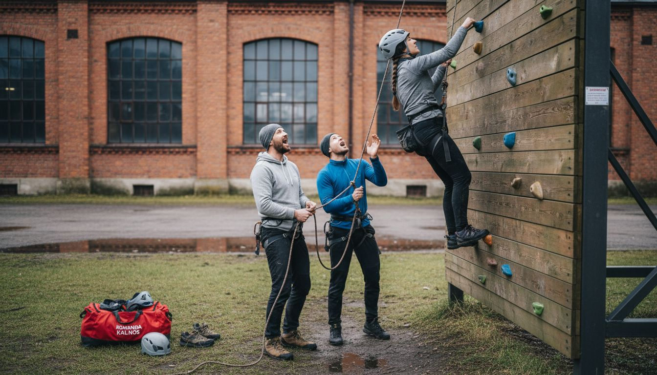 Komandas biedri palīdz viens otram pārvarēt sienas šķērsli.