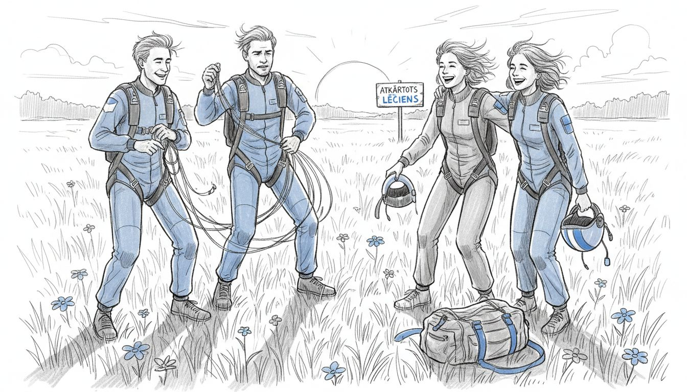 Darba kolēģi, vēl ar smaidu sejā pēc lēciena ar izpletni, jautri smejas uz nosēšanās lauka.