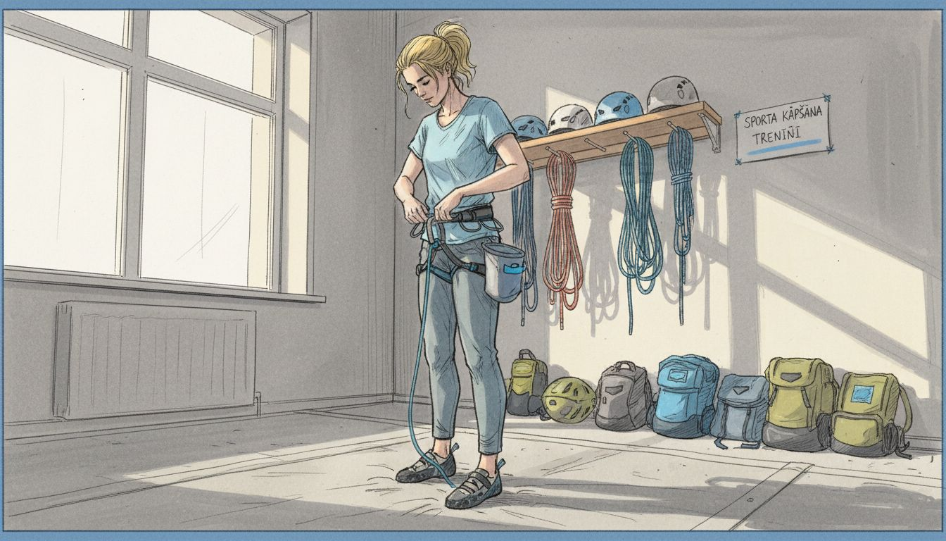 Sieviete kāpšanas zālē pielāgo drošības sistēmu pirms treniņa