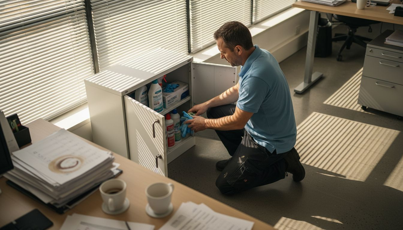 Cleaner assessing supplies for office safety
