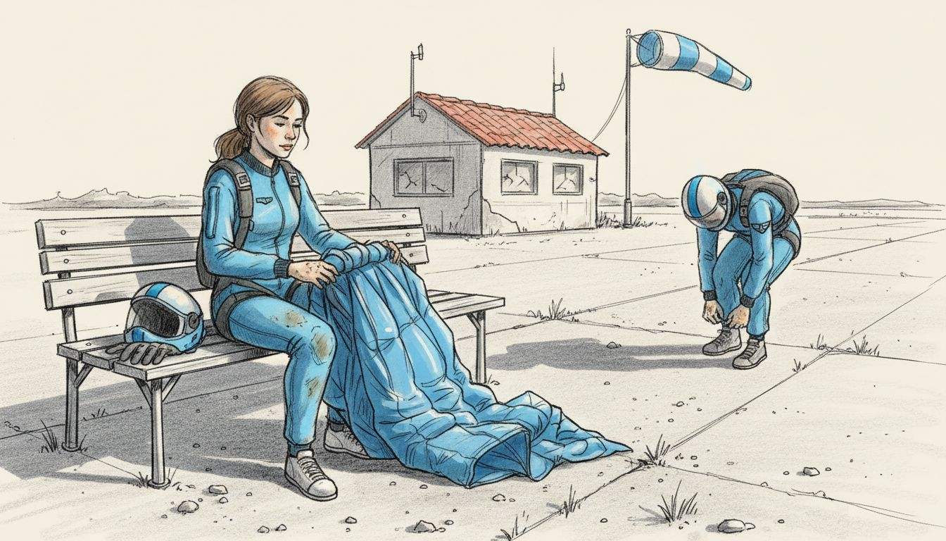 На краю латвийского аэродрома женщина аккуратно складывает свой парашют, готовясь к следующему прыжку.