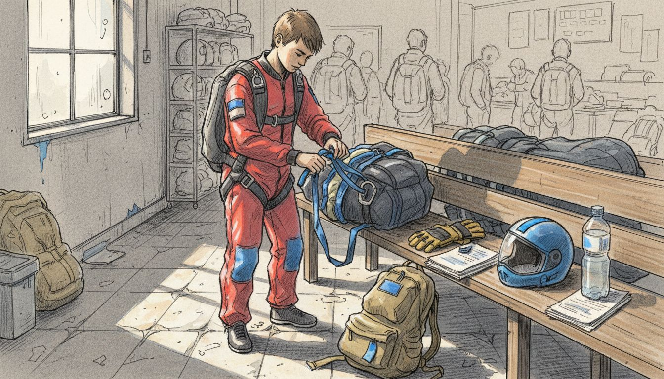 Skydiver checking parachute equipment before jump