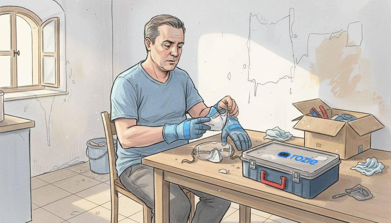 FFP2 mask, nitrile gloves, and safety glasses laid out for post-renovation cleaning in Malta