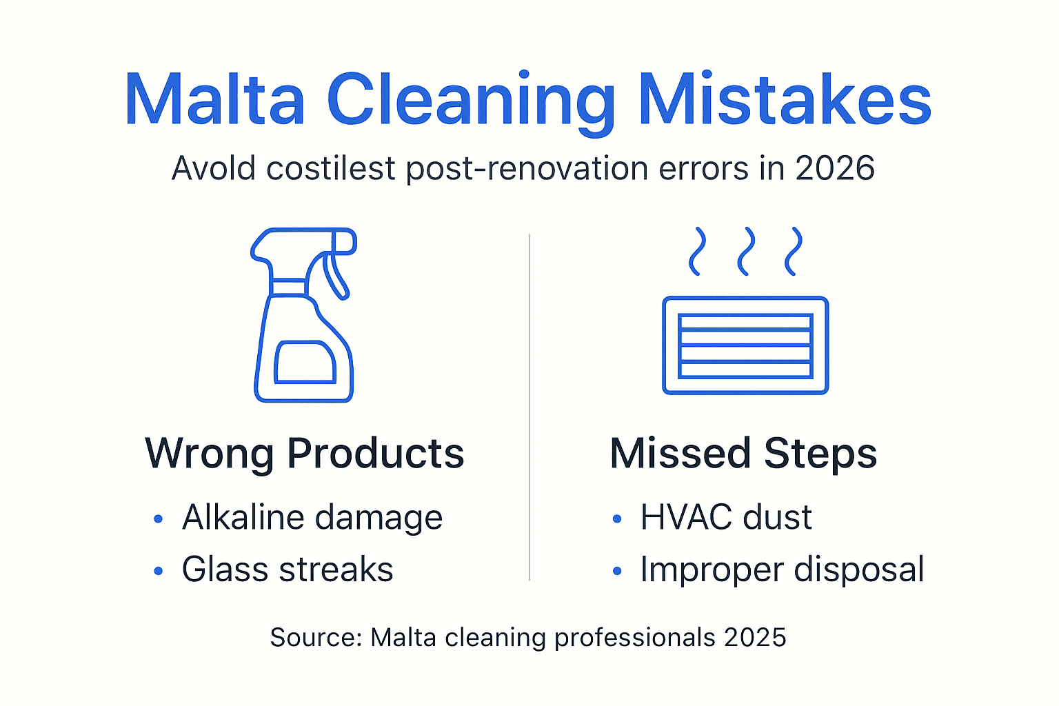 Infographic showing 8 common post-renovation cleaning mistakes Malta homeowners make