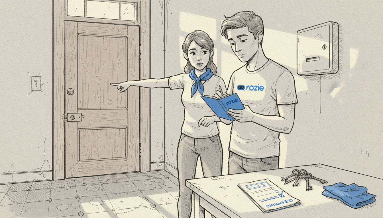 Couple reviewing move-in cleaning checklist before handing keys to cleaner in Malta apartment