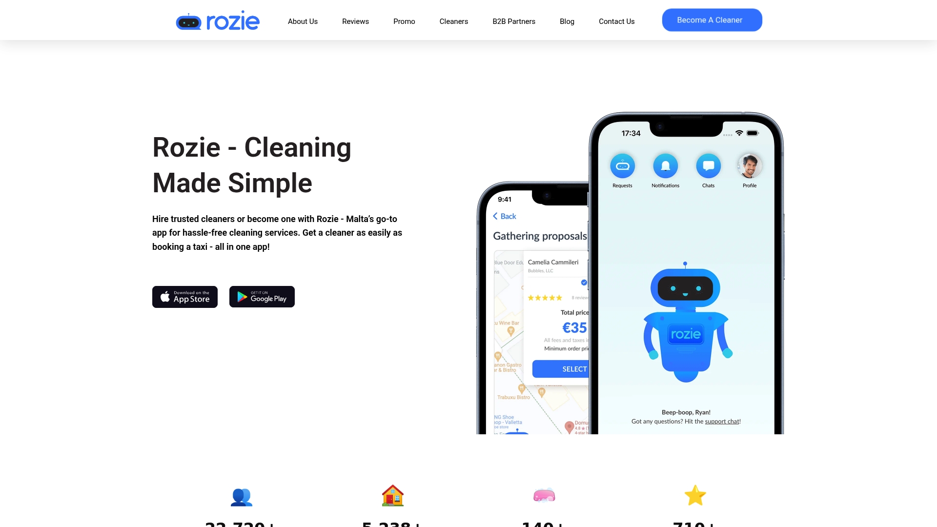 Rozie app bi-weekly cleaning booking interface for Malta