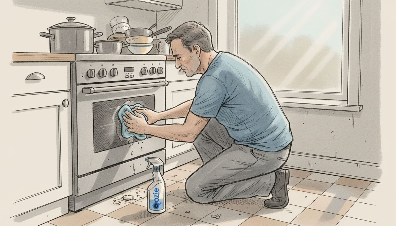 Deep cleaning behind a kitchen oven during pre-Easter cleaning in a Malta apartment