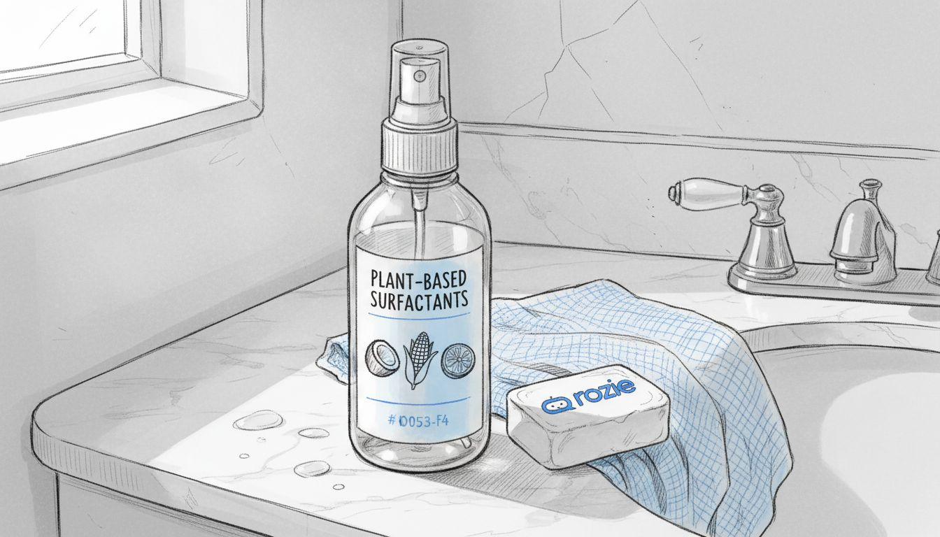 Plant-based eco-friendly cleaning product on bathroom counter in Malta apartment