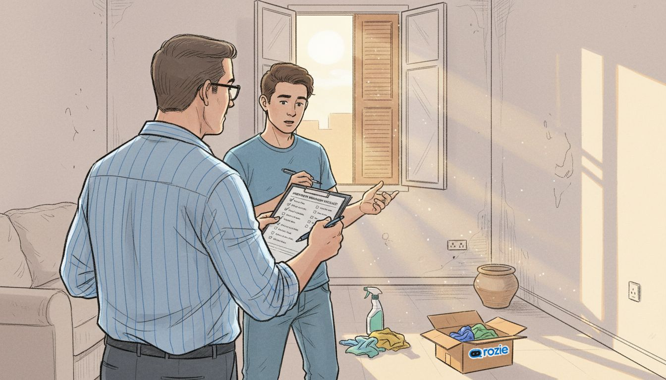 Tenant and landlord conducting final cleaning inspection before deposit return