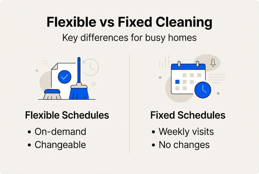 Infographic comparing flexible on-demand cleaning schedules with fixed weekly contracts showing key differences in cost, commitment, and rescheduling