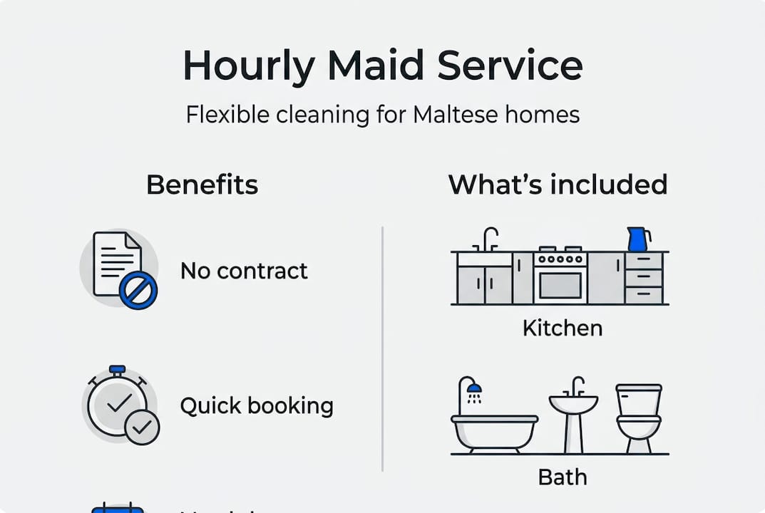 Infographic showing key features of hourly maid service in Malta including flexible booking, transparent pricing, and verified cleaners