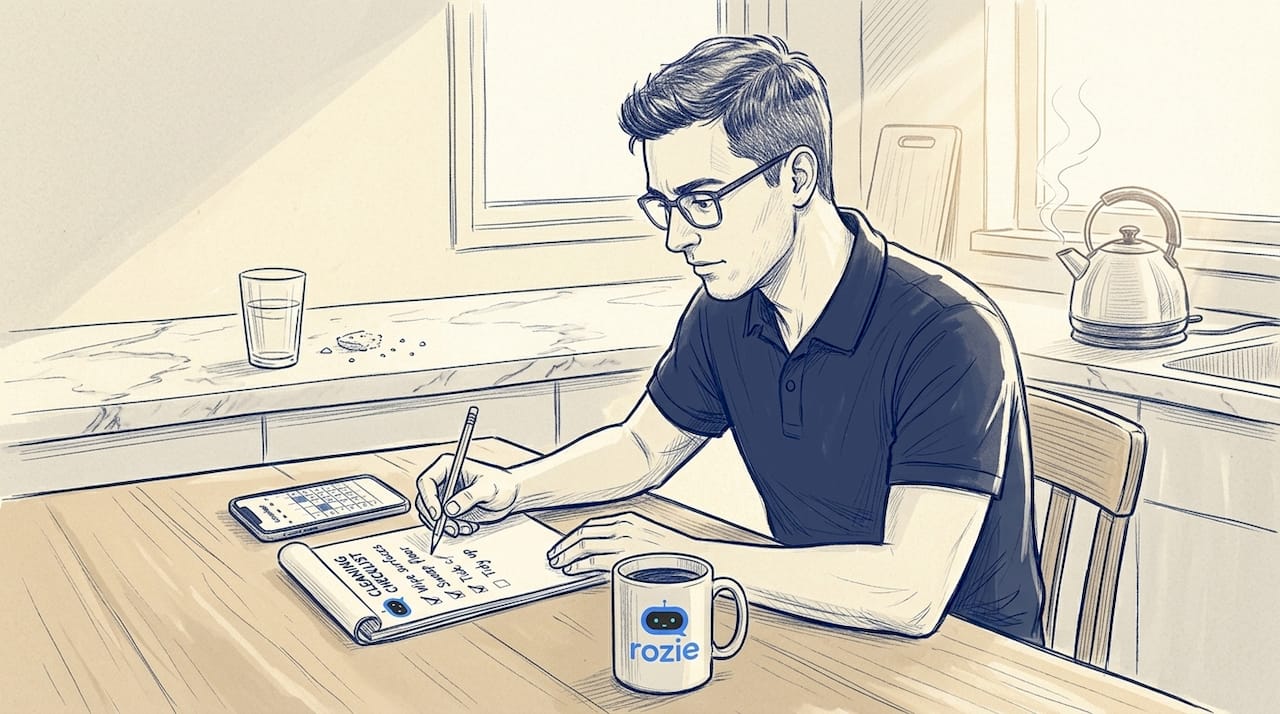 Person planning home cleaning tasks at a table with notes and a phone