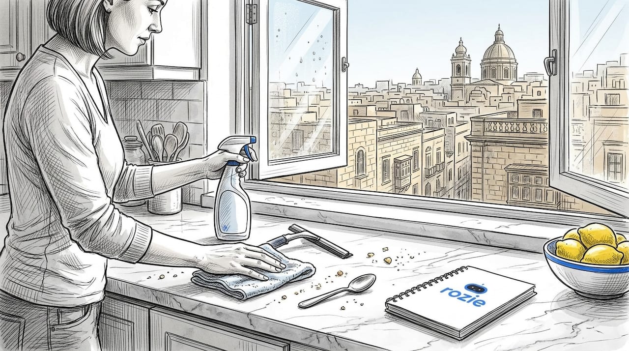 Woman organizing window cleaning supplies in a kitchen