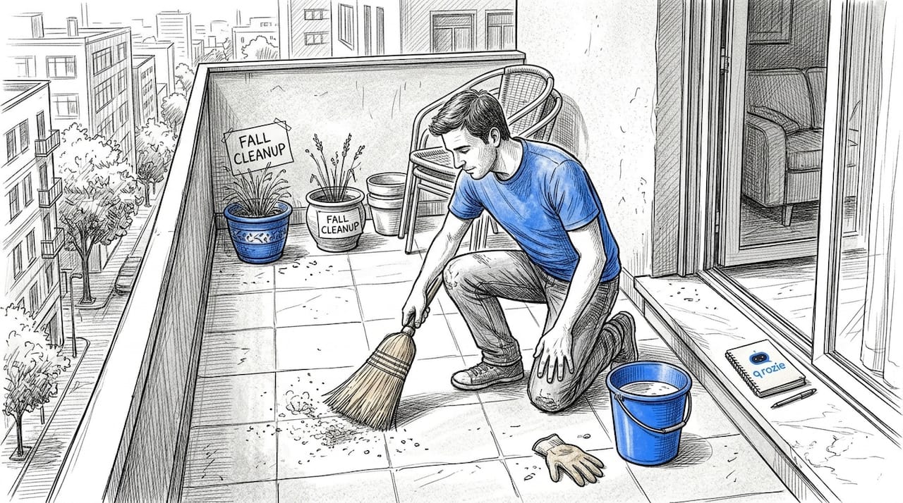 Homeowner sweeping loose debris from balcony before professional cleaning