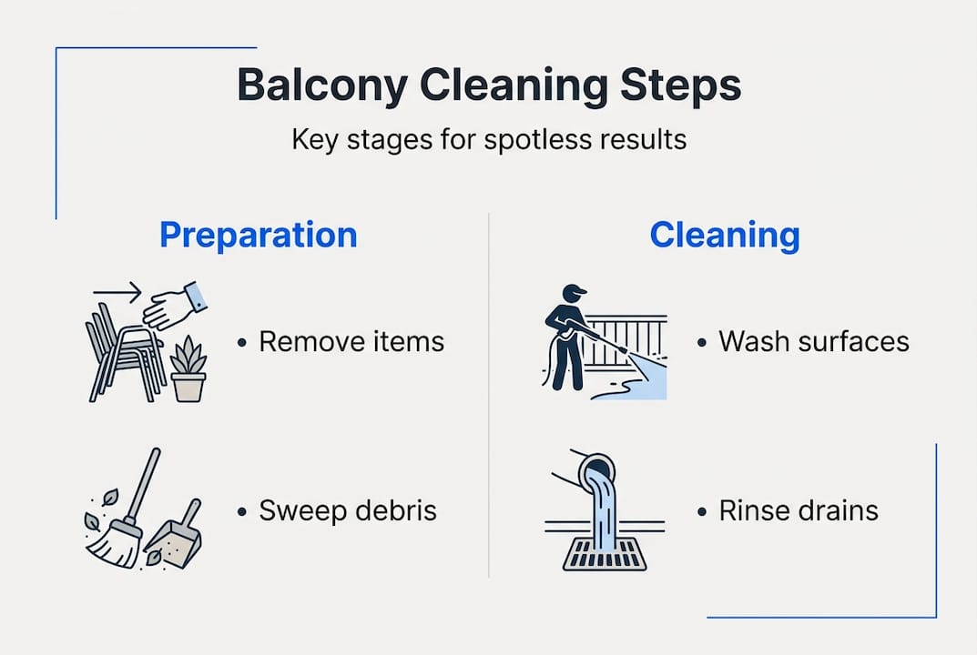Infographic showing the five main stages of professional balcony cleaning