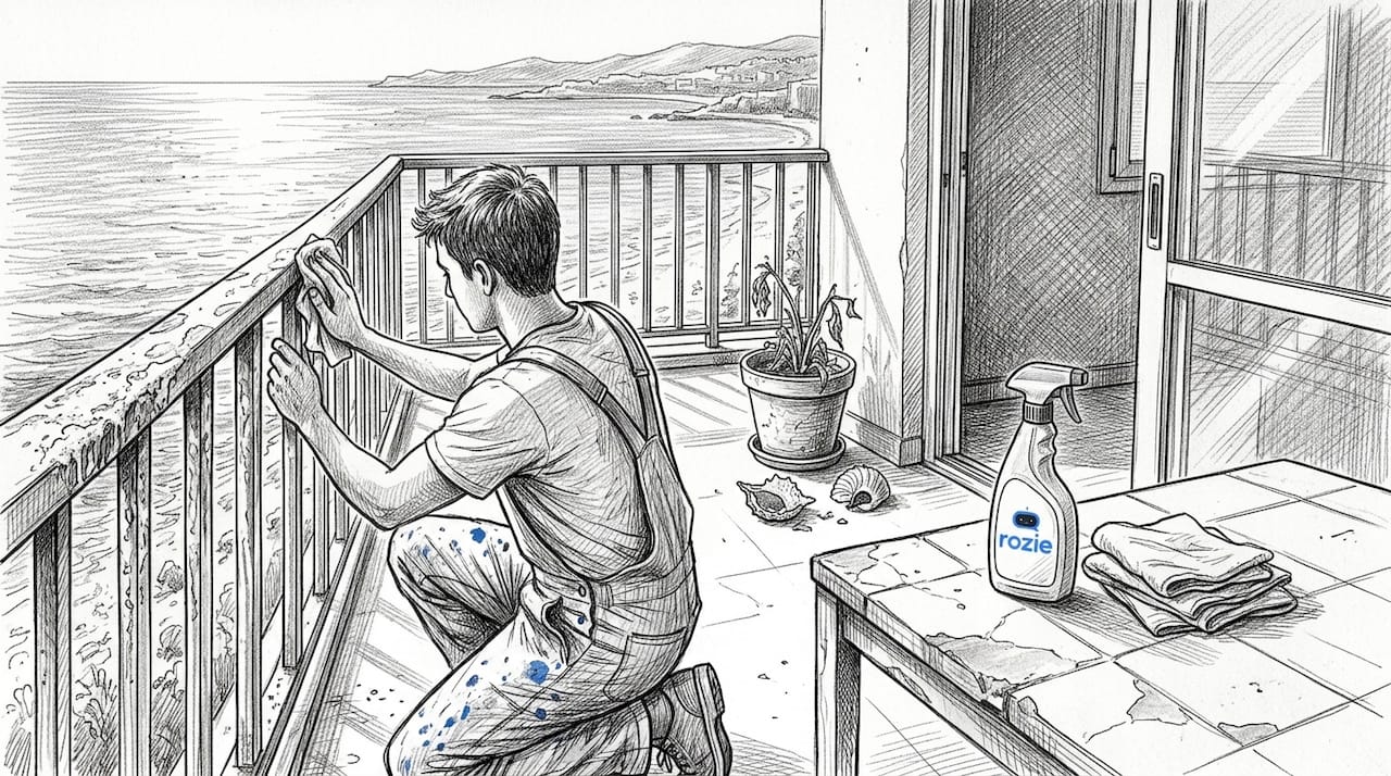 Man cleaning salt deposits from iron railing on a Malta terrace