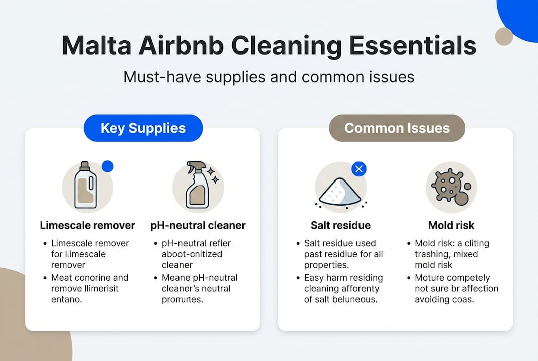 Infographic showing essential Airbnb cleaning supplies for Malta properties including limescale remover and pH-neutral cleaners