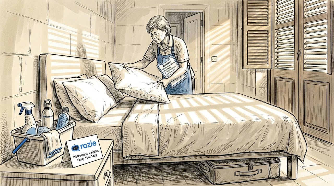Professional cleaner handling Airbnb turnover in a Valletta bedroom