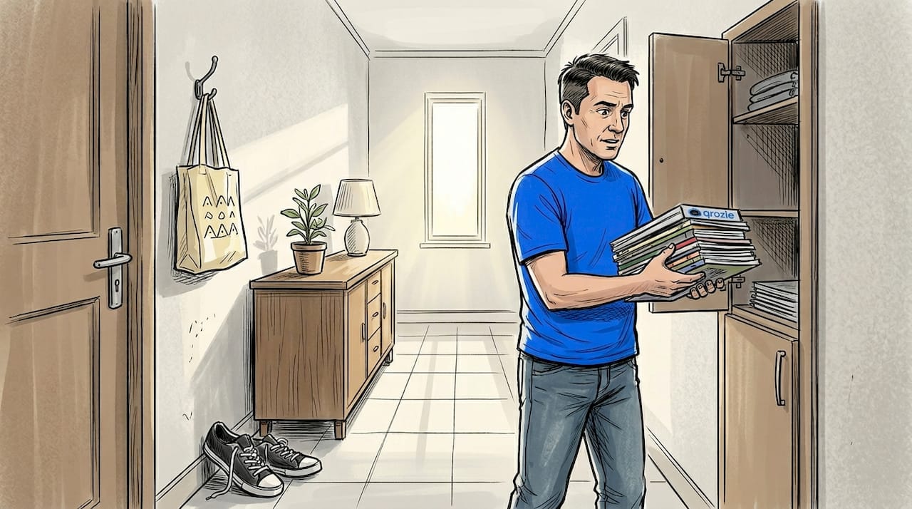 Man organizing hallway before a house cleaning appointment in Msida