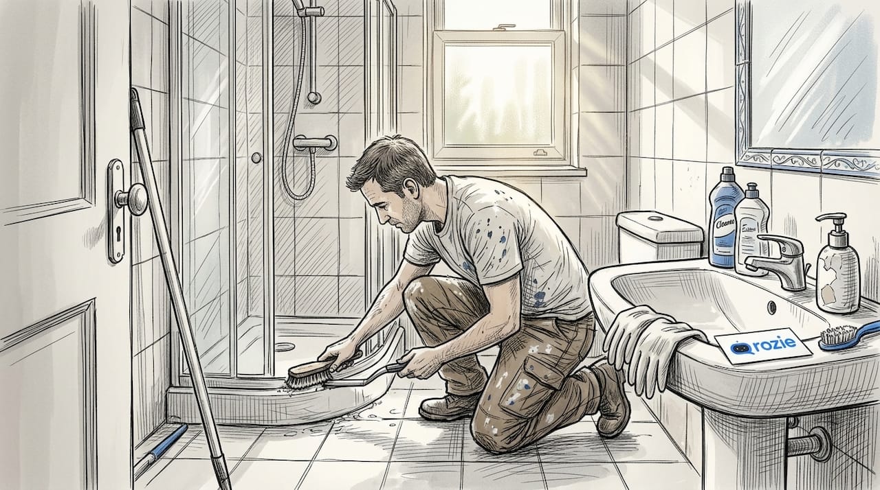 Professional cleaner treating mould on bathroom tiles in a Swieqi apartment